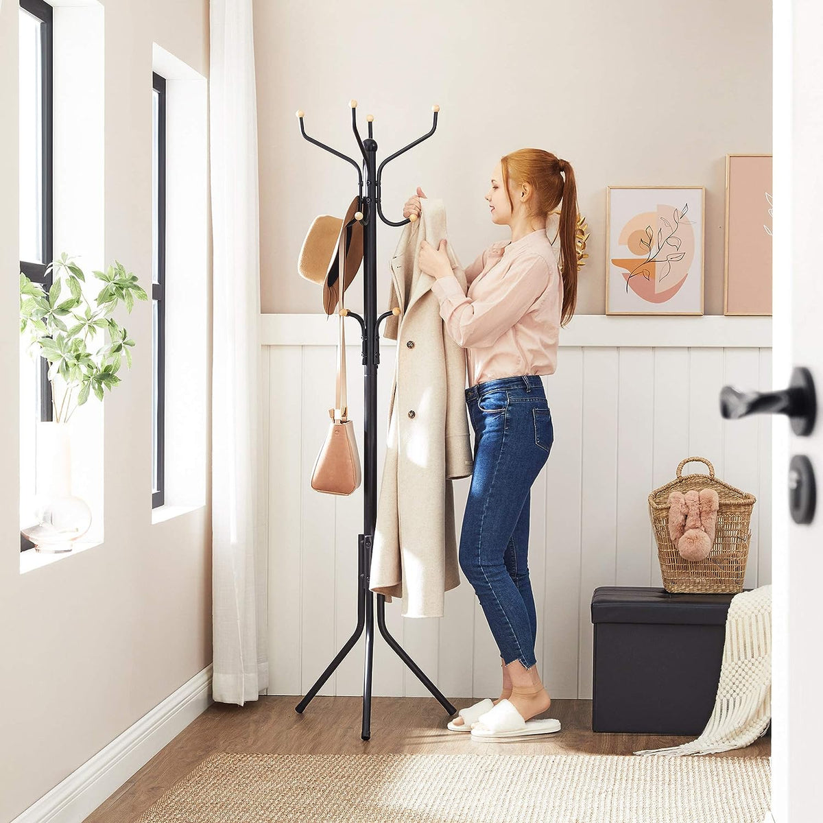 Metal Coat Rack Stand Hat Hanger, Black, 182cm V178-61284