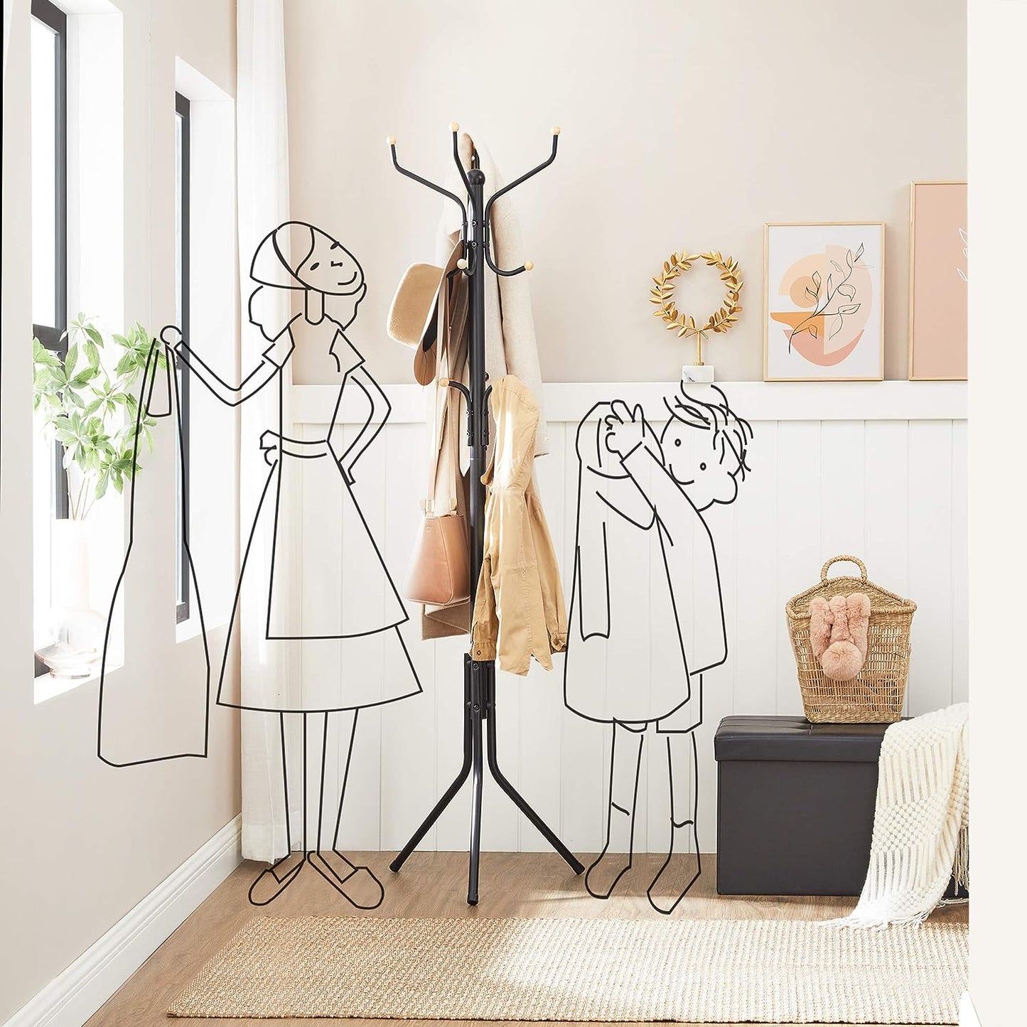 Metal Coat Rack Stand Hat Hanger, Black, 182cm V178-61284