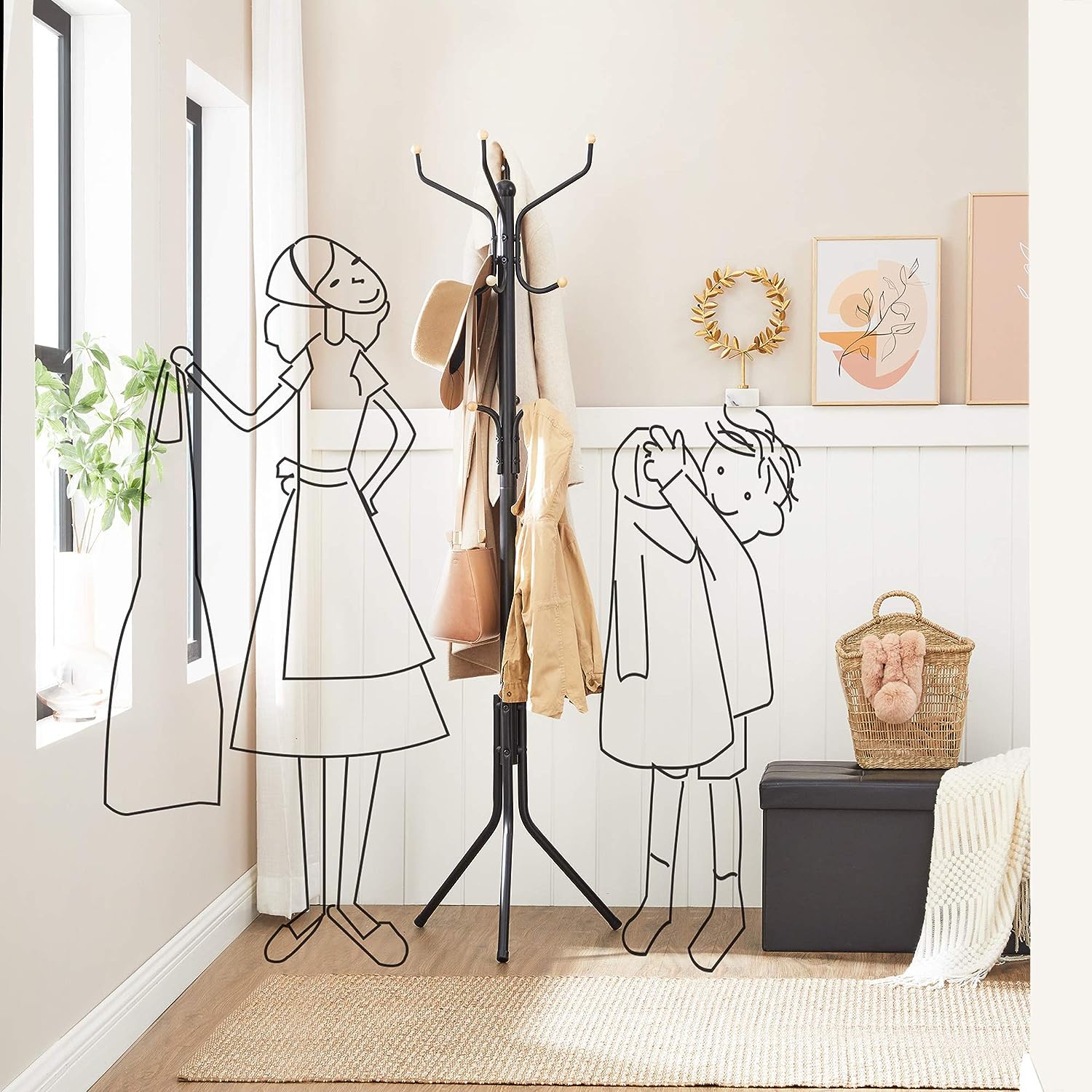 Metal Coat Rack Stand Hat Hanger, Black, 182cm V178-61284