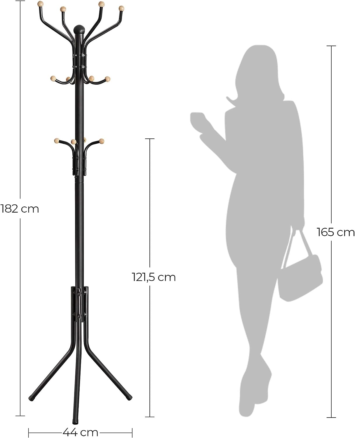 Metal Coat Rack Stand Hat Hanger, Black, 182cm V178-61284