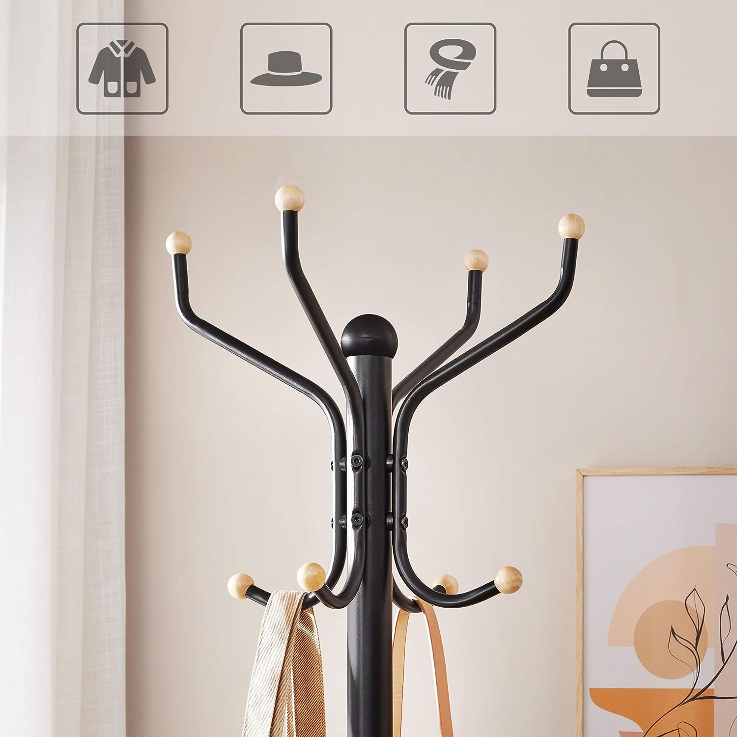 Metal Coat Rack Stand Hat Hanger, Black, 182cm V178-61284