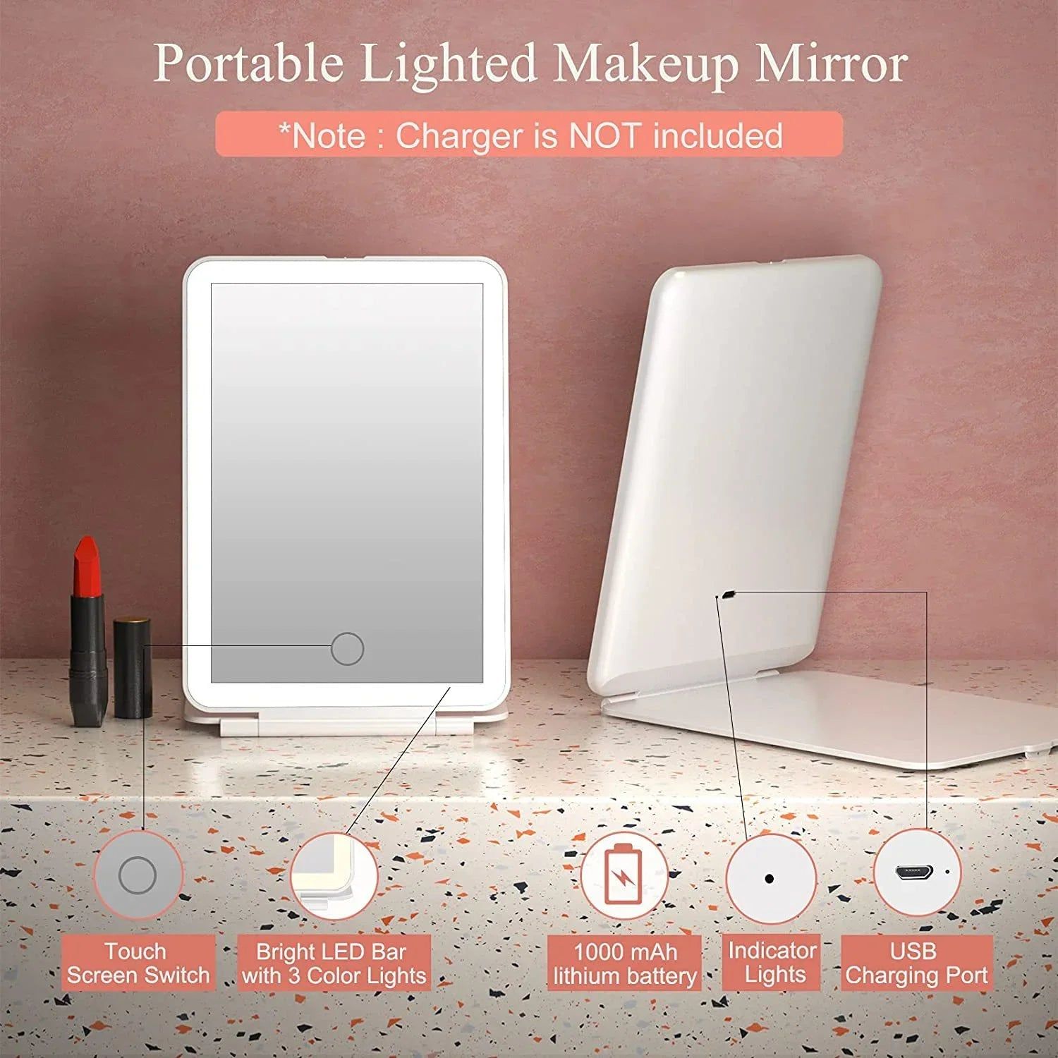 LED Travel Makeup Mirror 3 Light Modes USB V178-62201