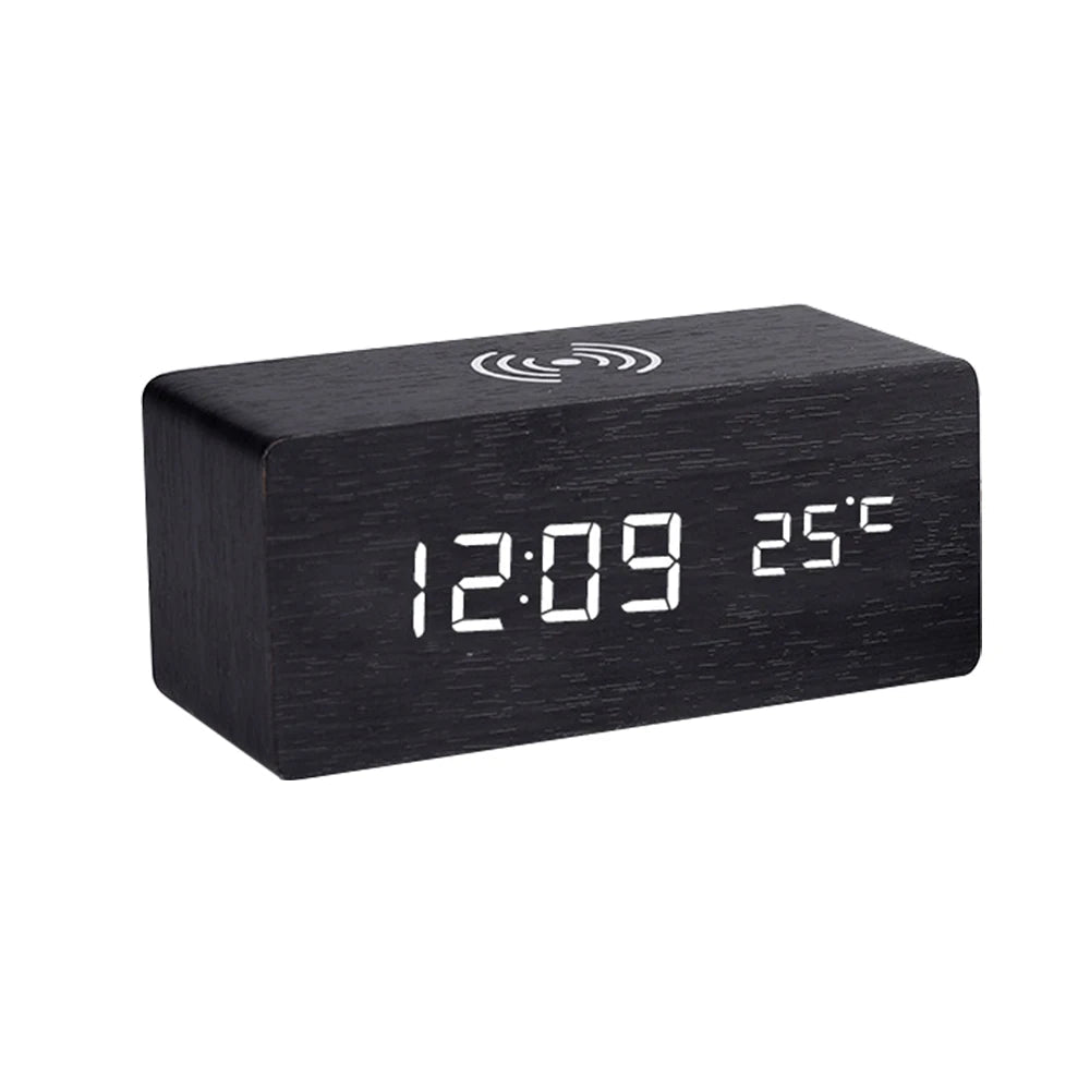 Modern Wooden LED Desk Clock with Qi Charger V178-62211