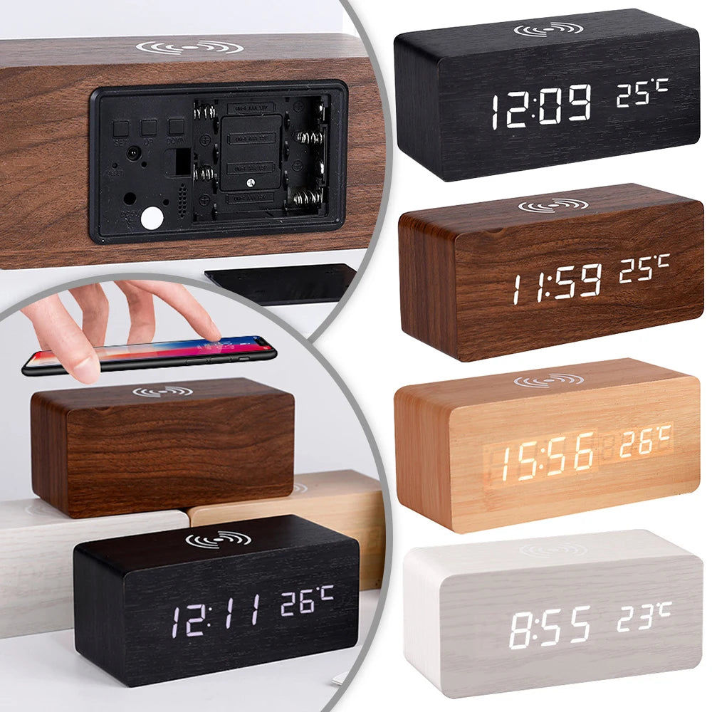 Modern Wooden LED Desk Clock with Qi Charger V178-62211