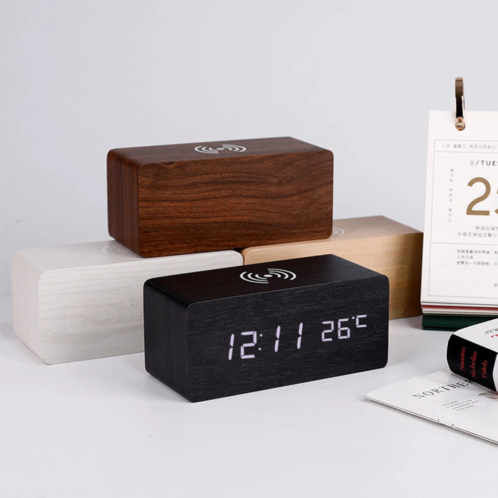 Modern Wooden LED Desk Clock with Qi Charger V178-62211