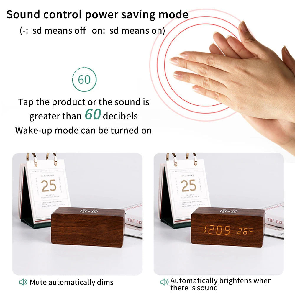 Modern Wooden LED Desk Clock with Qi Charger V178-62212