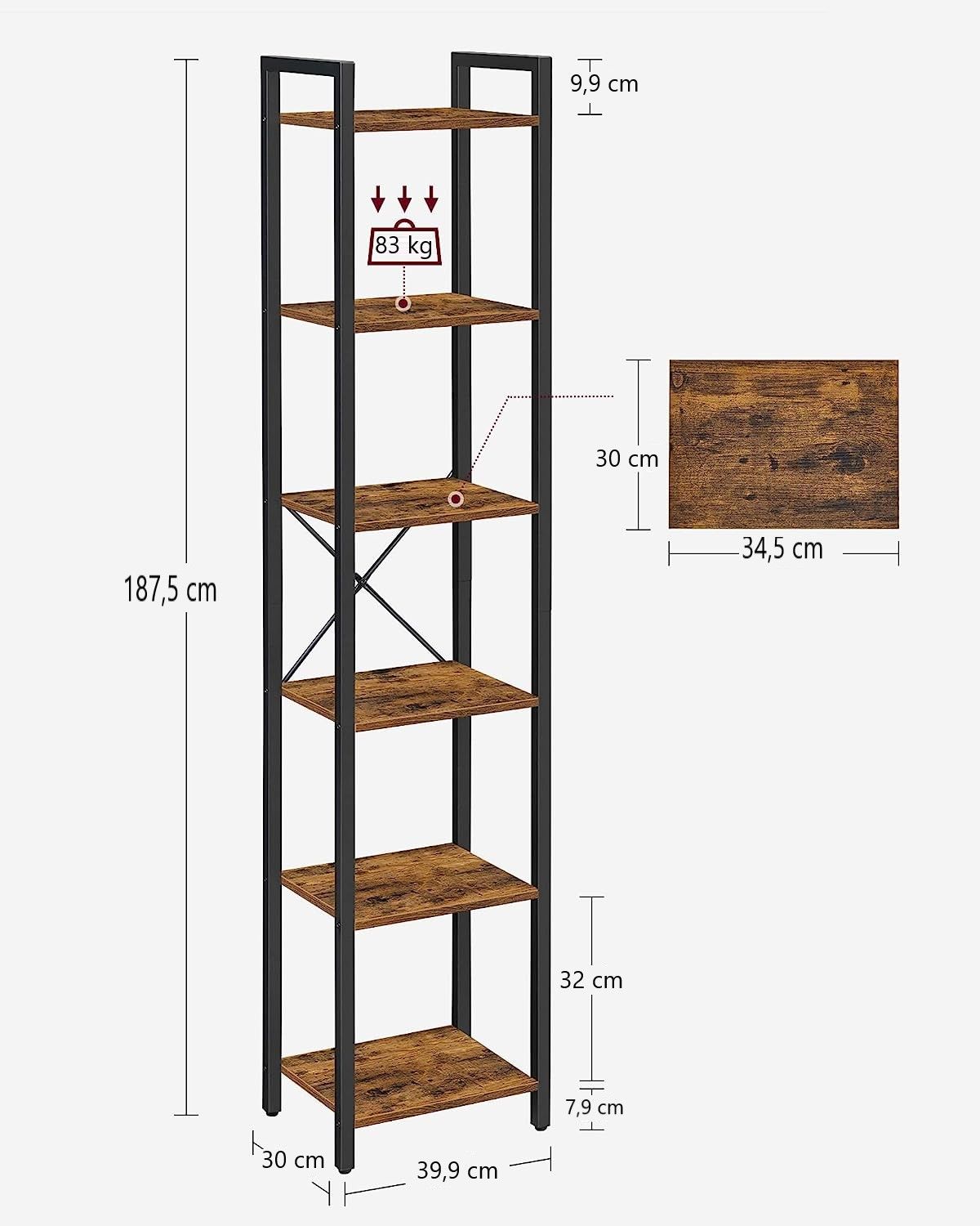 Small 6-Tier Industrial Bookshelf, Rustic Brown, Black V178-62384
