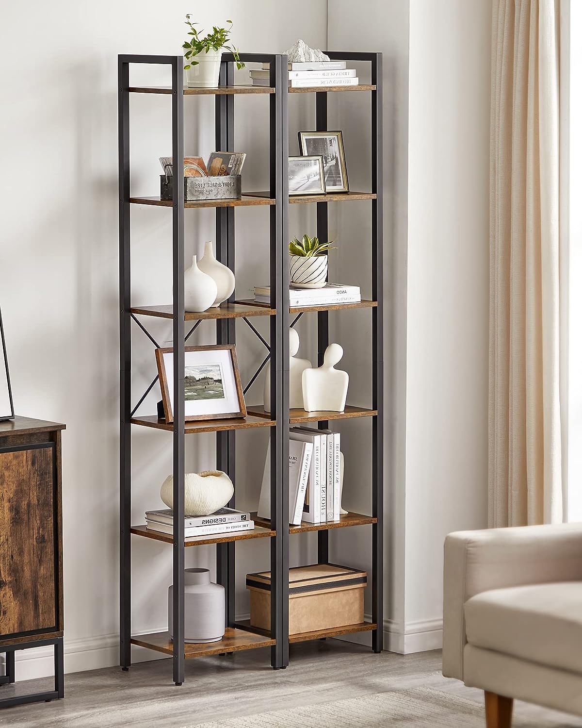 Small 6-Tier Industrial Bookshelf, Rustic Brown, Black V178-62384