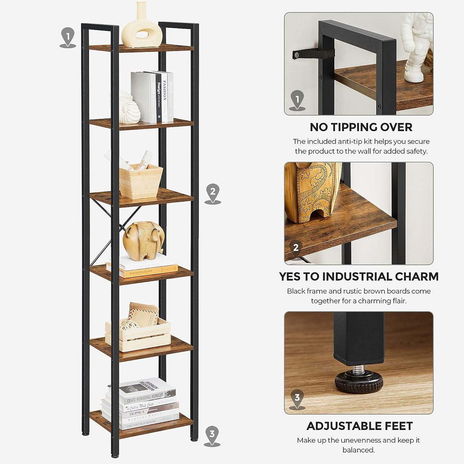Small 6-Tier Industrial Bookshelf, Rustic Brown, Black V178-62384