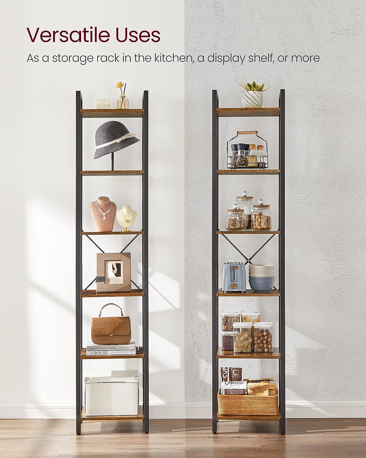 Small 6-Tier Industrial Bookshelf, Rustic Brown, Black V178-62384