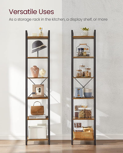 Small 6-Tier Industrial Bookshelf, Rustic Brown, Black V178-62384