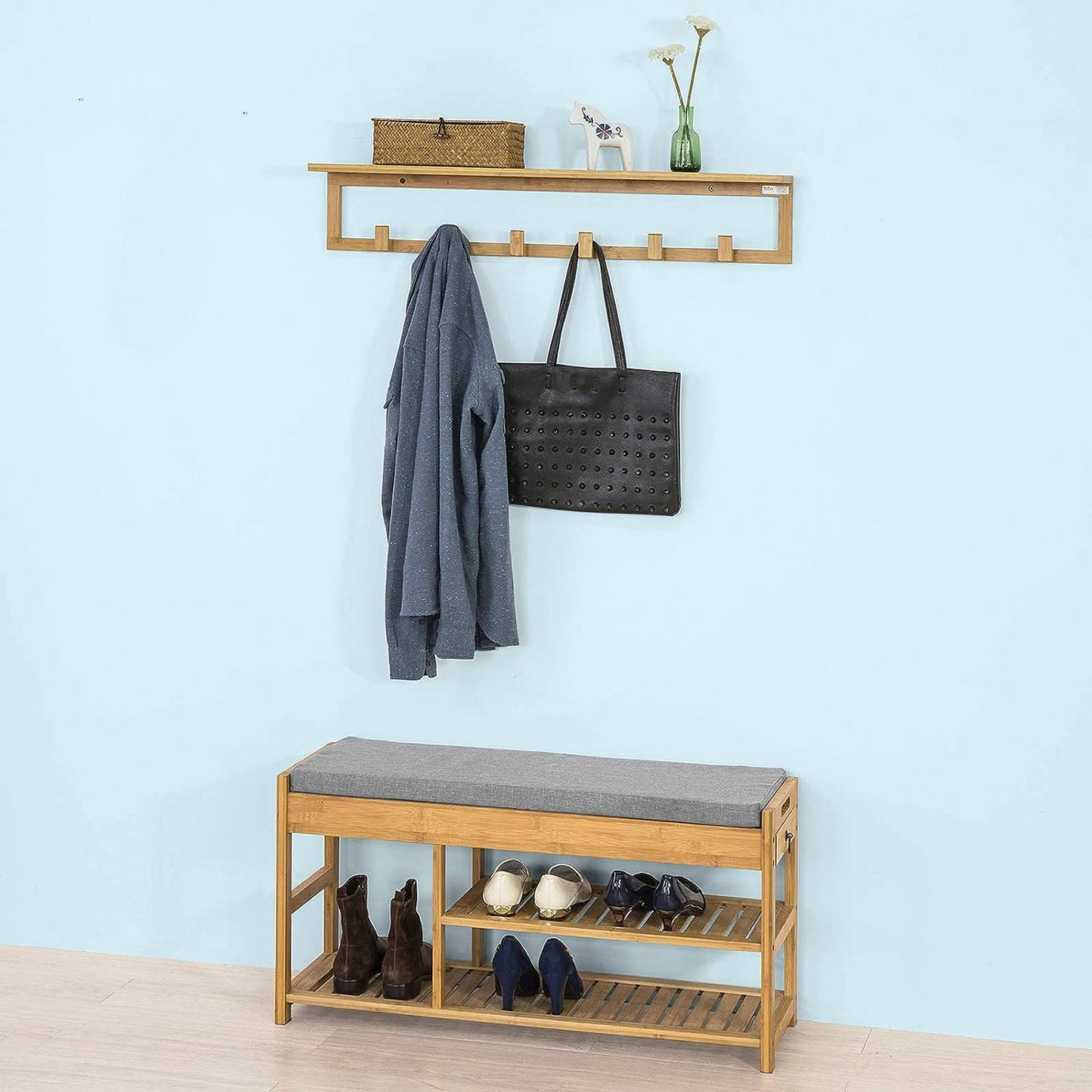 Bamboo Shoe Bench Drawers Lift Top V178-64384
