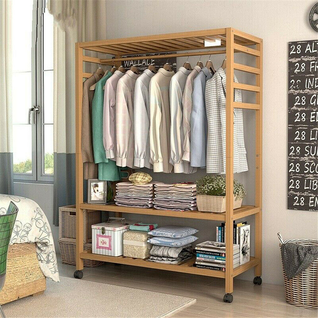 3-Tier Wooden Clothes Rack Rolling Garment Stand w/ Hooks V178-66736