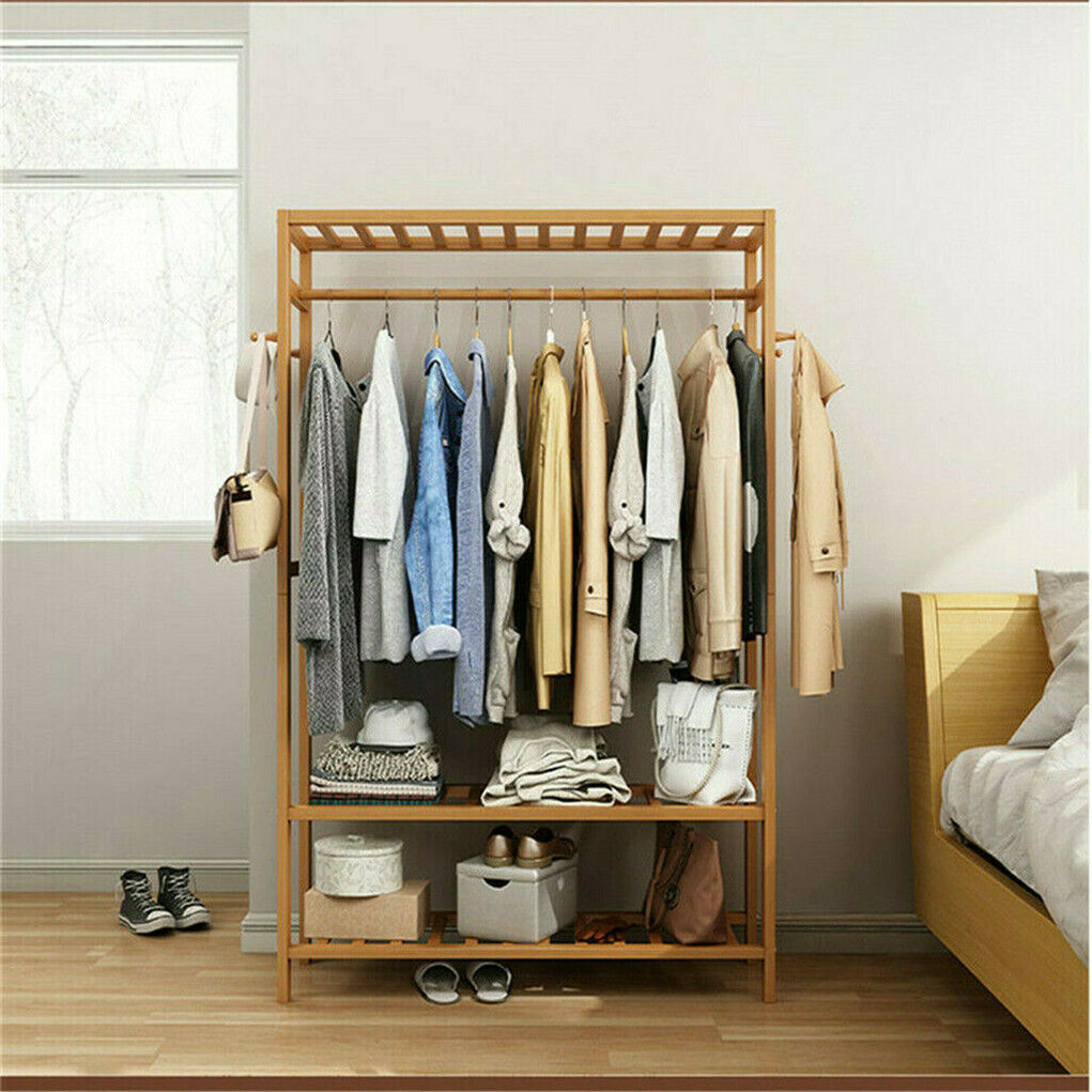 3-Tier Wooden Clothes Rack Rolling Garment Stand w/ Hooks V178-66736