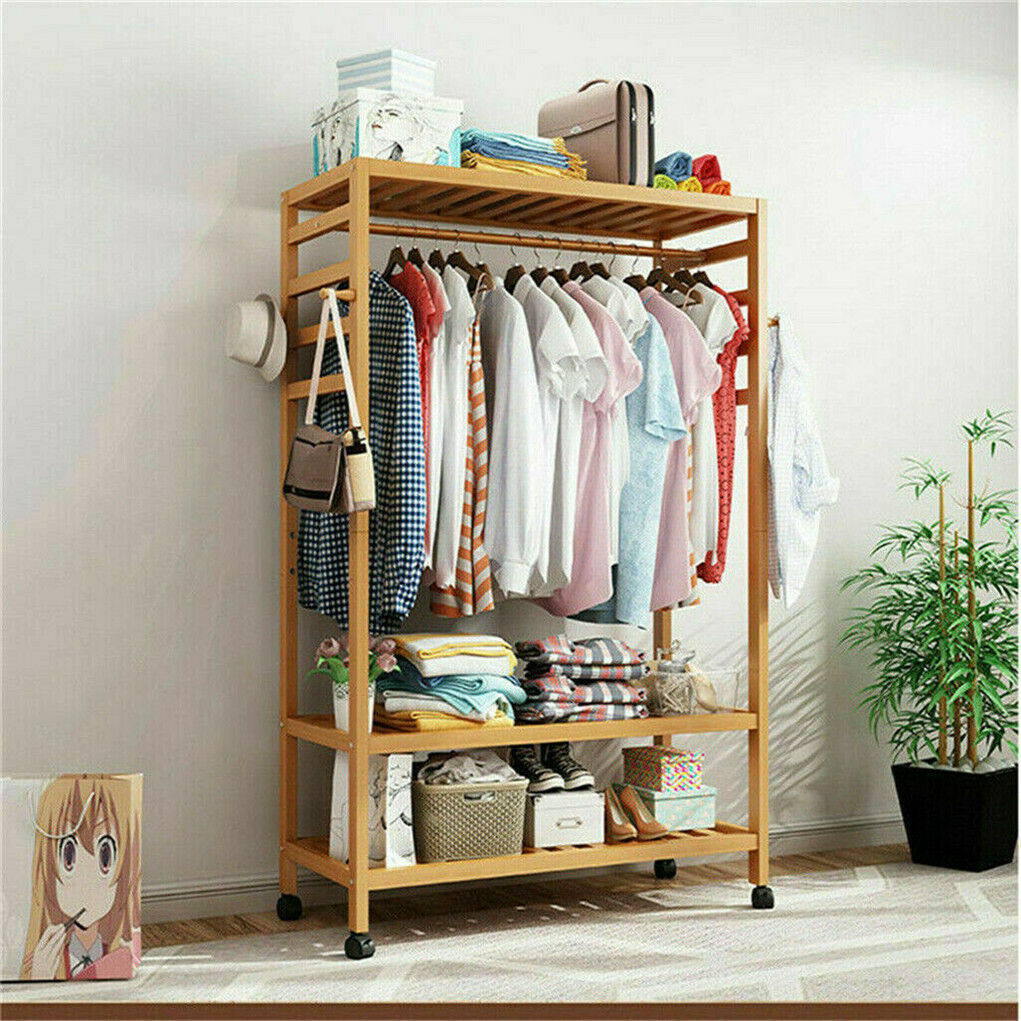 3-Tier Wooden Clothes Rack Rolling Garment Stand w/ Hooks V178-66736