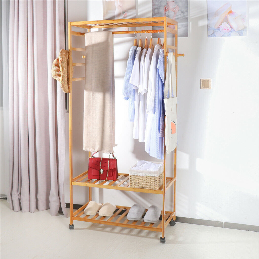 3-Tier Wooden Clothes Rack Rolling Garment Stand w/ Hooks V178-66736