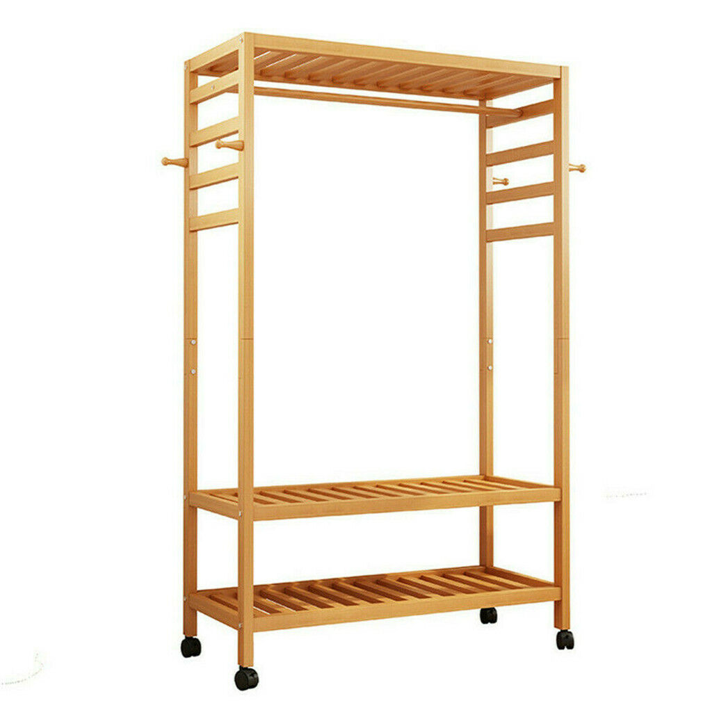 3-Tier Wooden Clothes Rack Rolling Garment Stand w/ Hooks V178-66736