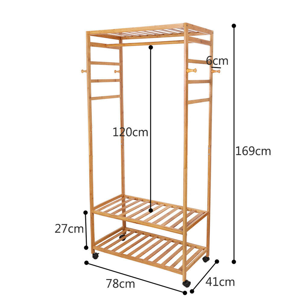 3-Tier Wooden Clothes Rack Rolling Garment Stand w/ Hooks V178-66736