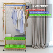 3-Tier Wooden Clothes Rack Rolling Garment Stand w/ Hooks V178-66736