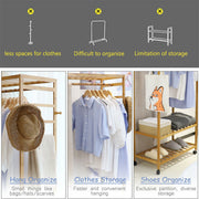 3-Tier Wooden Clothes Rack Rolling Garment Stand w/ Hooks V178-66736