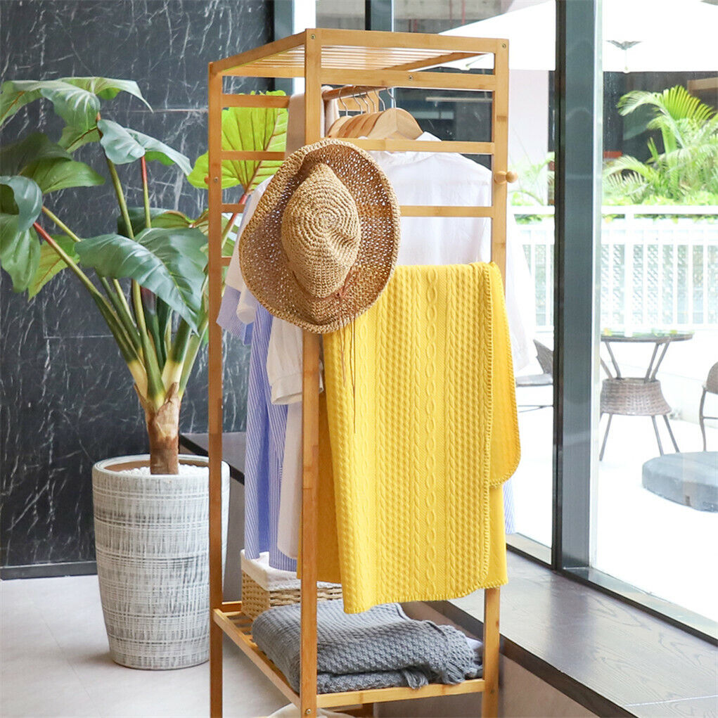 3-Tier Wooden Clothes Rack Rolling Garment Stand w/ Hooks V178-66736