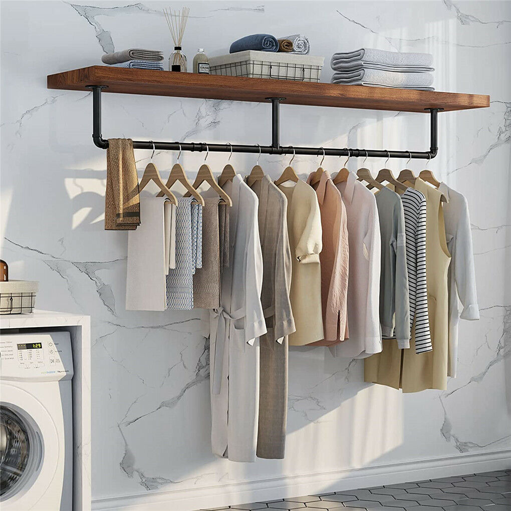 Industrial Iron Pipe Clothes Rail Vintage Wall Shelf V178-66745