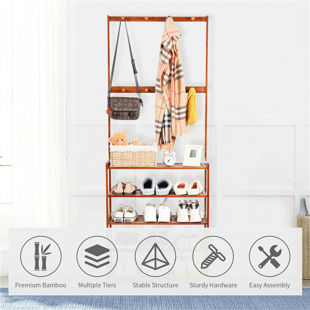 Bamboo 5-Tier Hat Coat Shoe Rack Entryway Bench Hanger Storage V178-66750