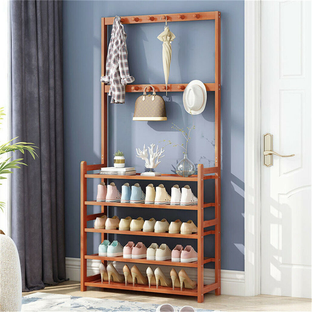 Bamboo 5-Tier Hat Coat Shoe Rack Entryway Bench Hanger Storage V178-66750