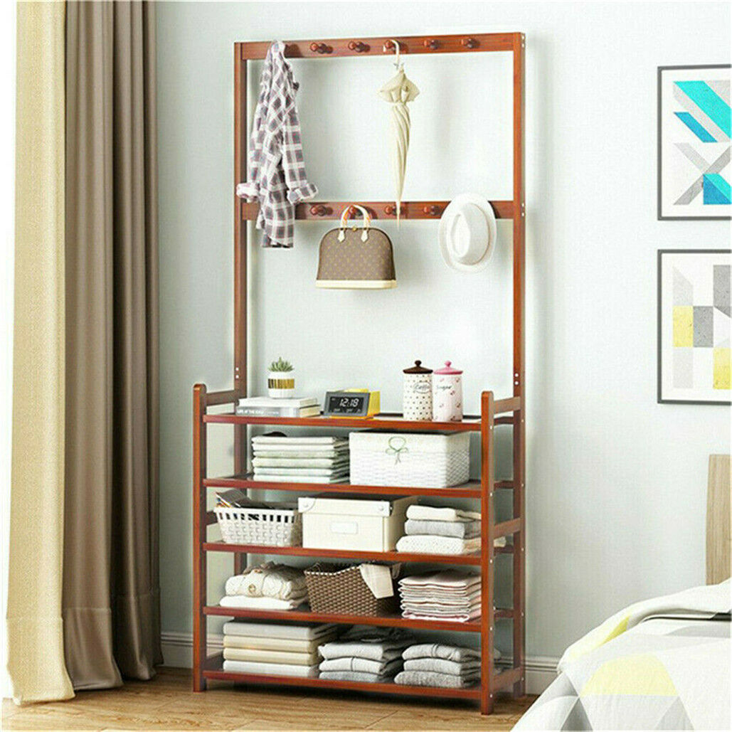 Bamboo 5-Tier Hat Coat Shoe Rack Entryway Bench Hanger Storage V178-66750