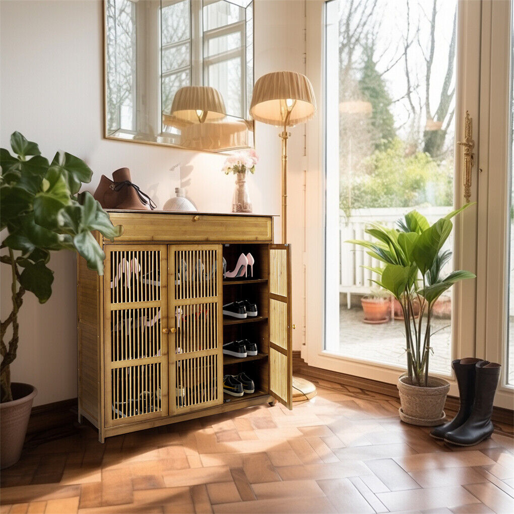 XXL 4-Tier Bamboo Shoe Rack Cabinet with Doors, Drawers V178-66783