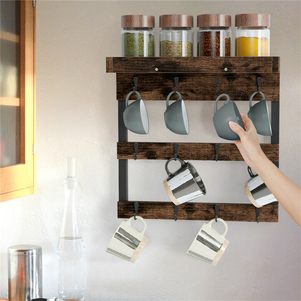 Wooden Wall Mounted Coffee Mug Rack 12 Hooks Cup Holder V178-66792