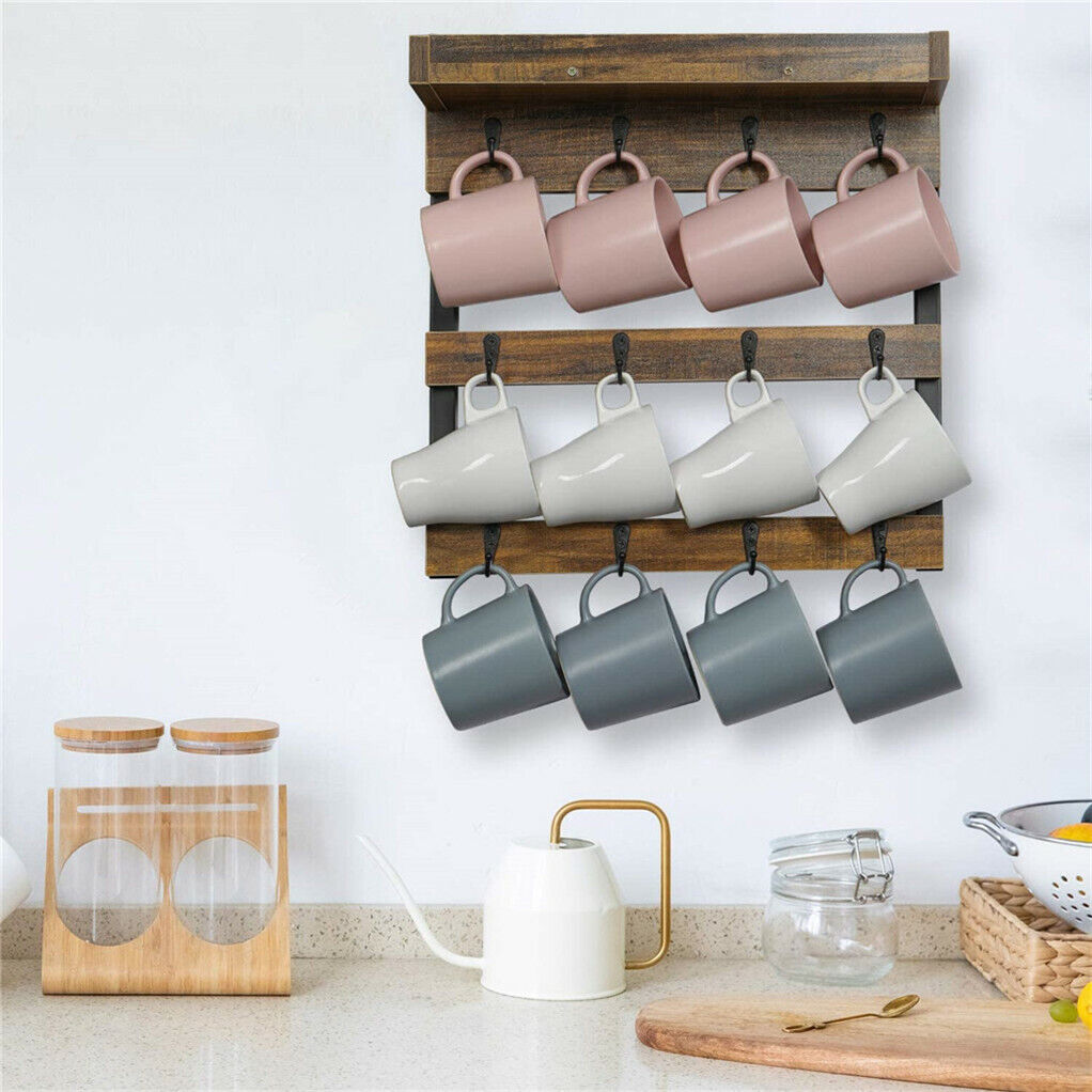 Wooden Wall Mounted Coffee Mug Rack 12 Hooks Cup Holder V178-66792