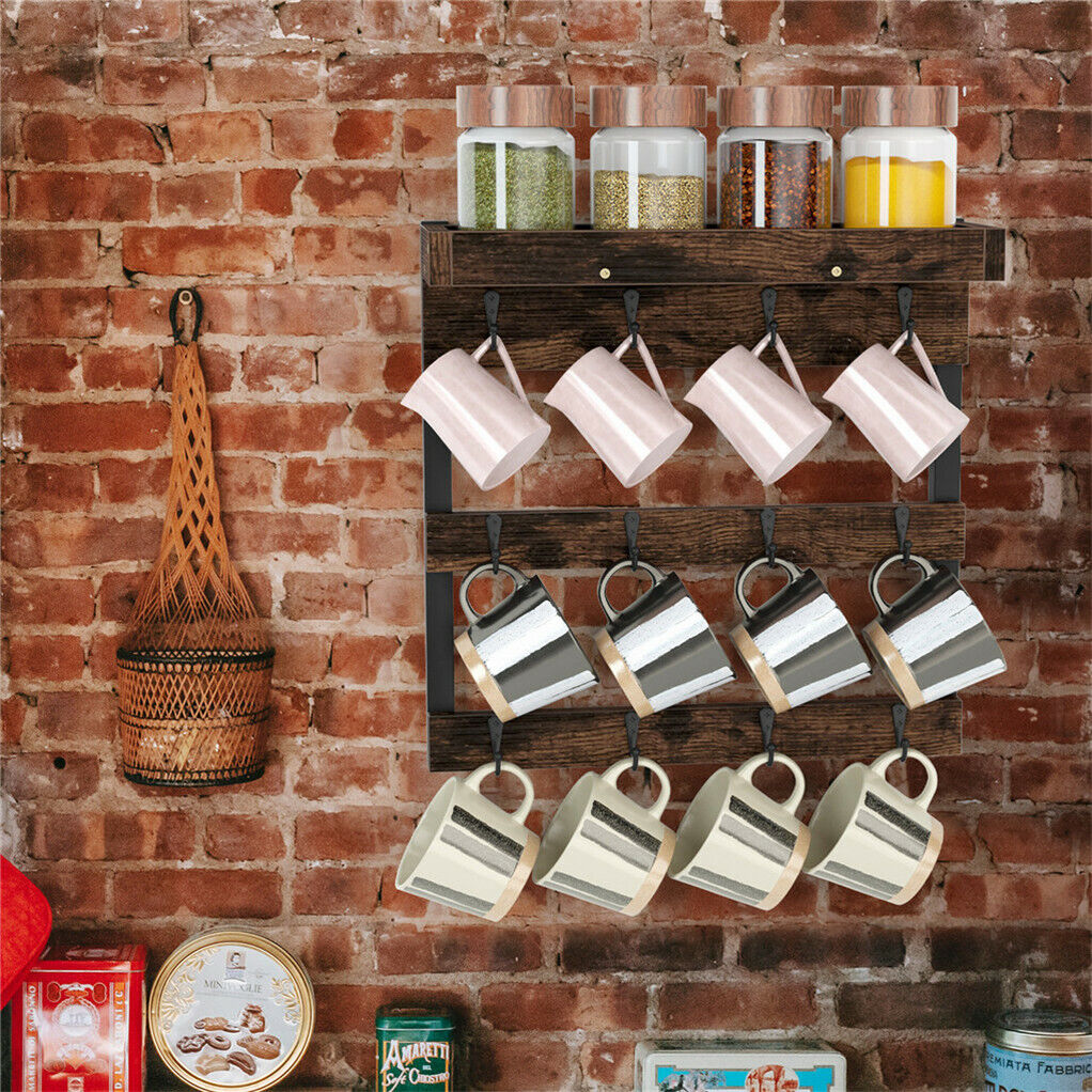 Wooden Wall Mounted Coffee Mug Rack 12 Hooks Cup Holder V178-66792