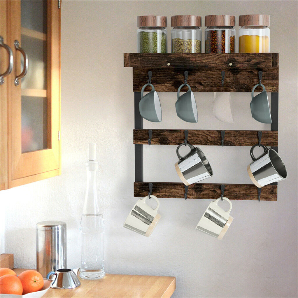 Wooden Wall Mounted Coffee Mug Rack 12 Hooks Cup Holder V178-66792