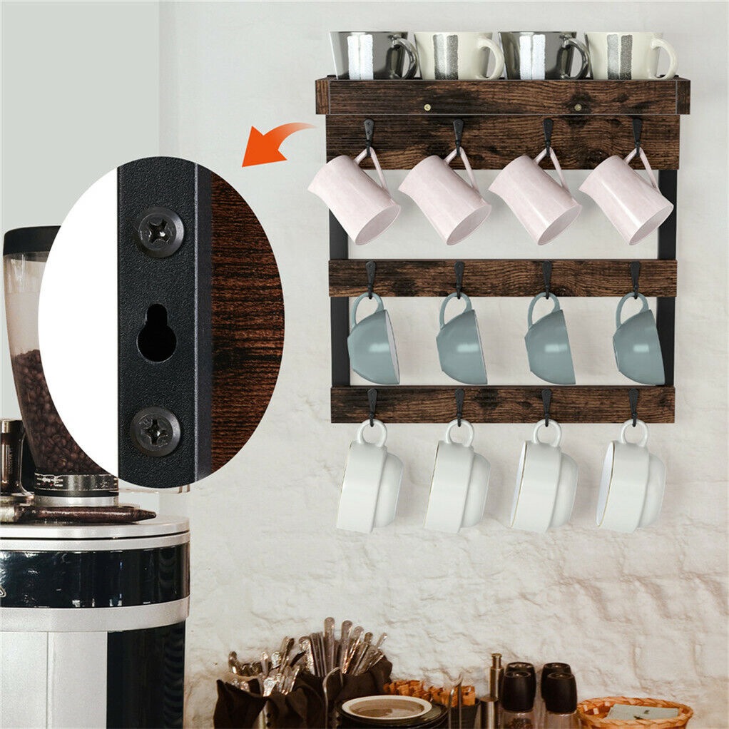 Wooden Wall Mounted Coffee Mug Rack 12 Hooks Cup Holder V178-66792