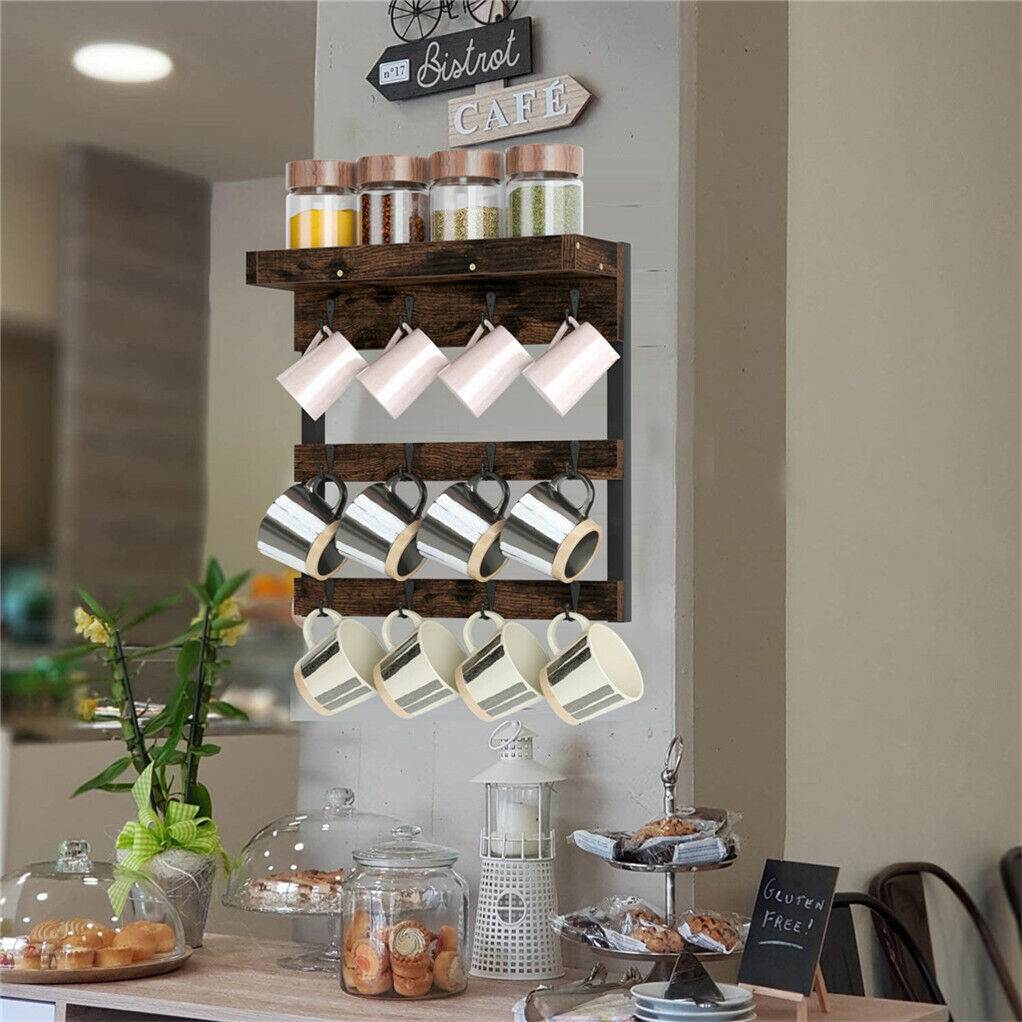 Wooden Wall Mounted Coffee Mug Rack 12 Hooks Cup Holder V178-66792