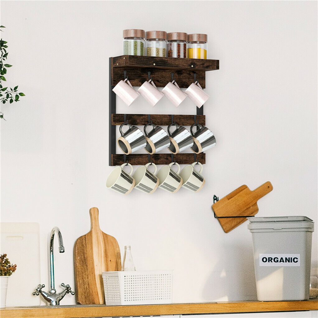 Wooden Wall Mounted Coffee Mug Rack 12 Hooks Cup Holder V178-66792