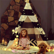 Kids Teepee Tent Linen Wood Black White Stripe Playhouse Indoor Garden V178-66795