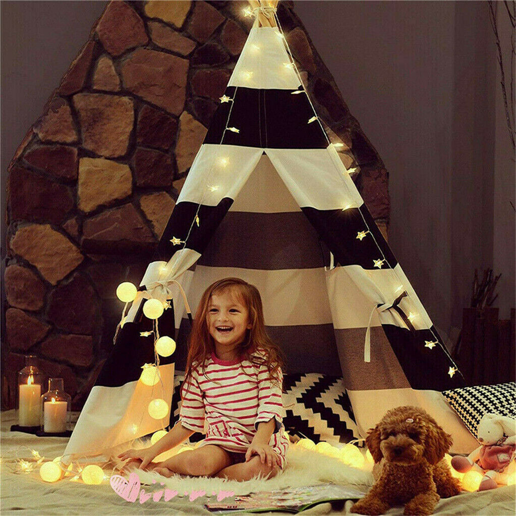 Kids Teepee Tent Linen Wood Black White Stripe Playhouse Indoor Garden V178-66795