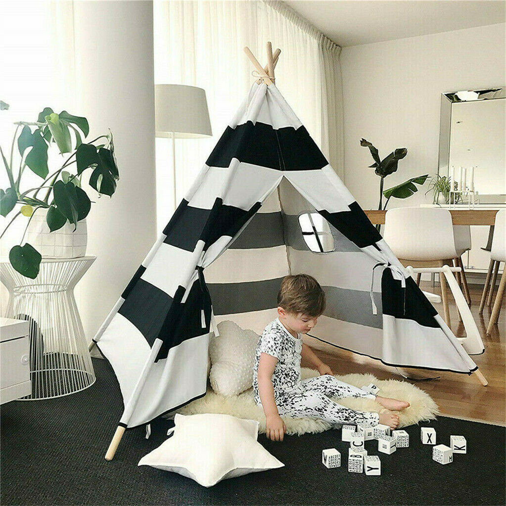 Kids Teepee Tent Linen Wood Black White Stripe Playhouse Indoor Garden V178-66795