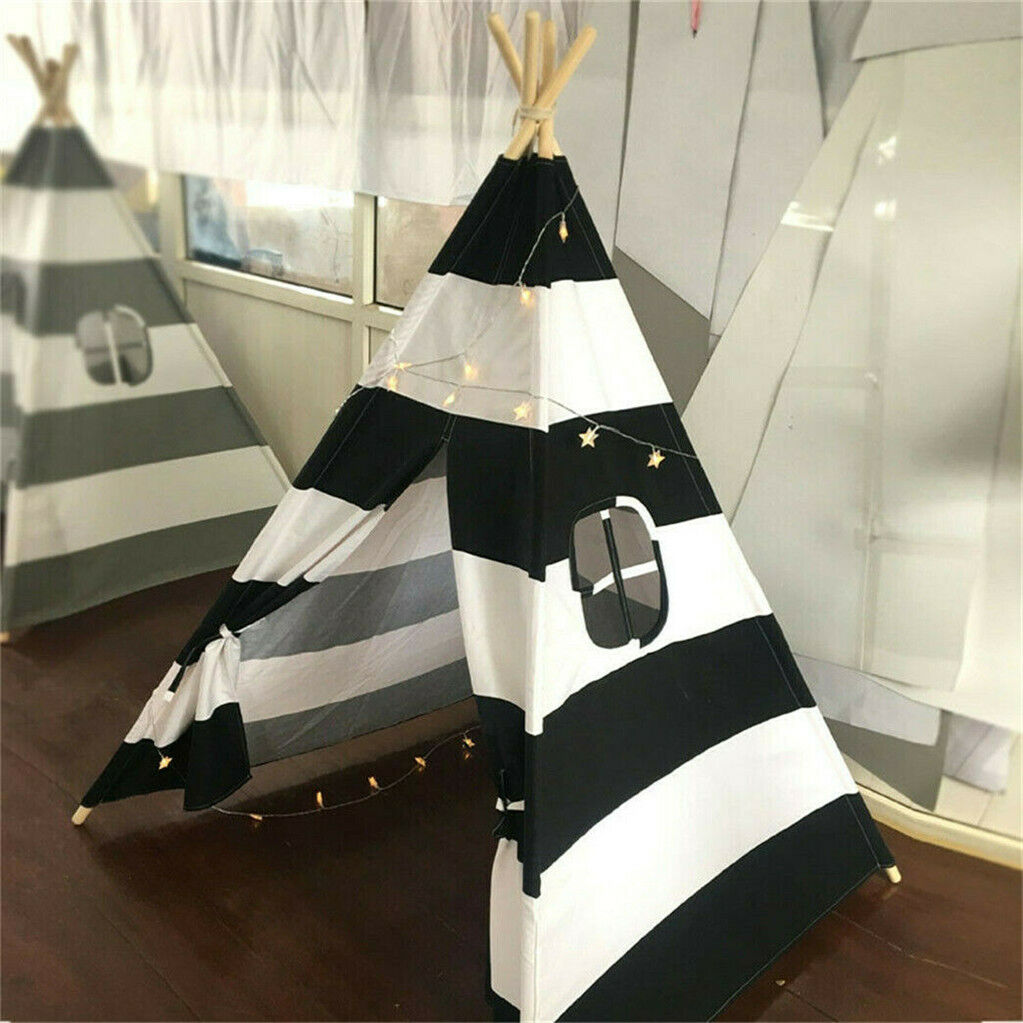 Kids Teepee Tent Linen Wood Black White Stripe Playhouse Indoor Garden V178-66795