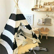 Kids Teepee Tent Linen Wood Black White Stripe Playhouse Indoor Garden V178-66795