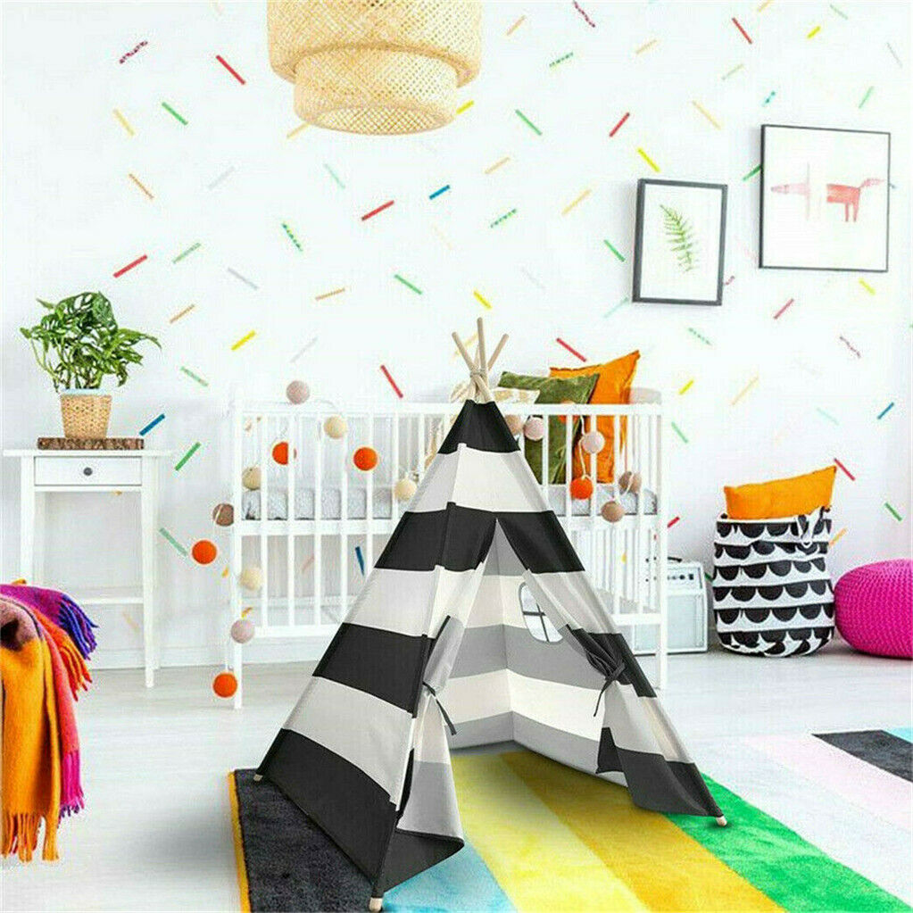 Kids Teepee Tent Linen Wood Black White Stripe Playhouse Indoor Garden V178-66795