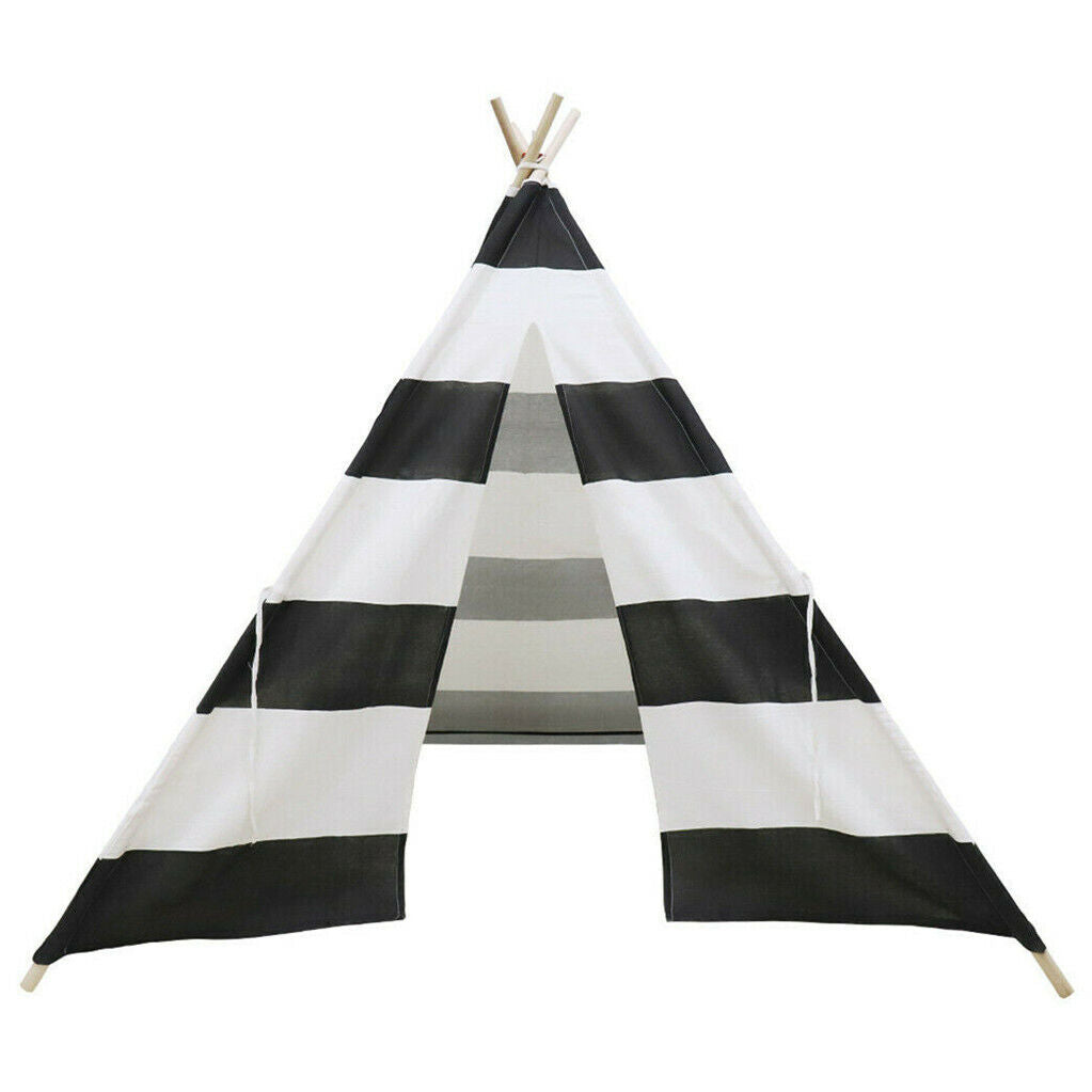 Kids Teepee Tent Linen Wood Black White Stripe Playhouse Indoor Garden V178-66795