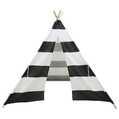 Kids Teepee Tent Linen Wood Black White Stripe Playhouse Indoor Garden V178-66795