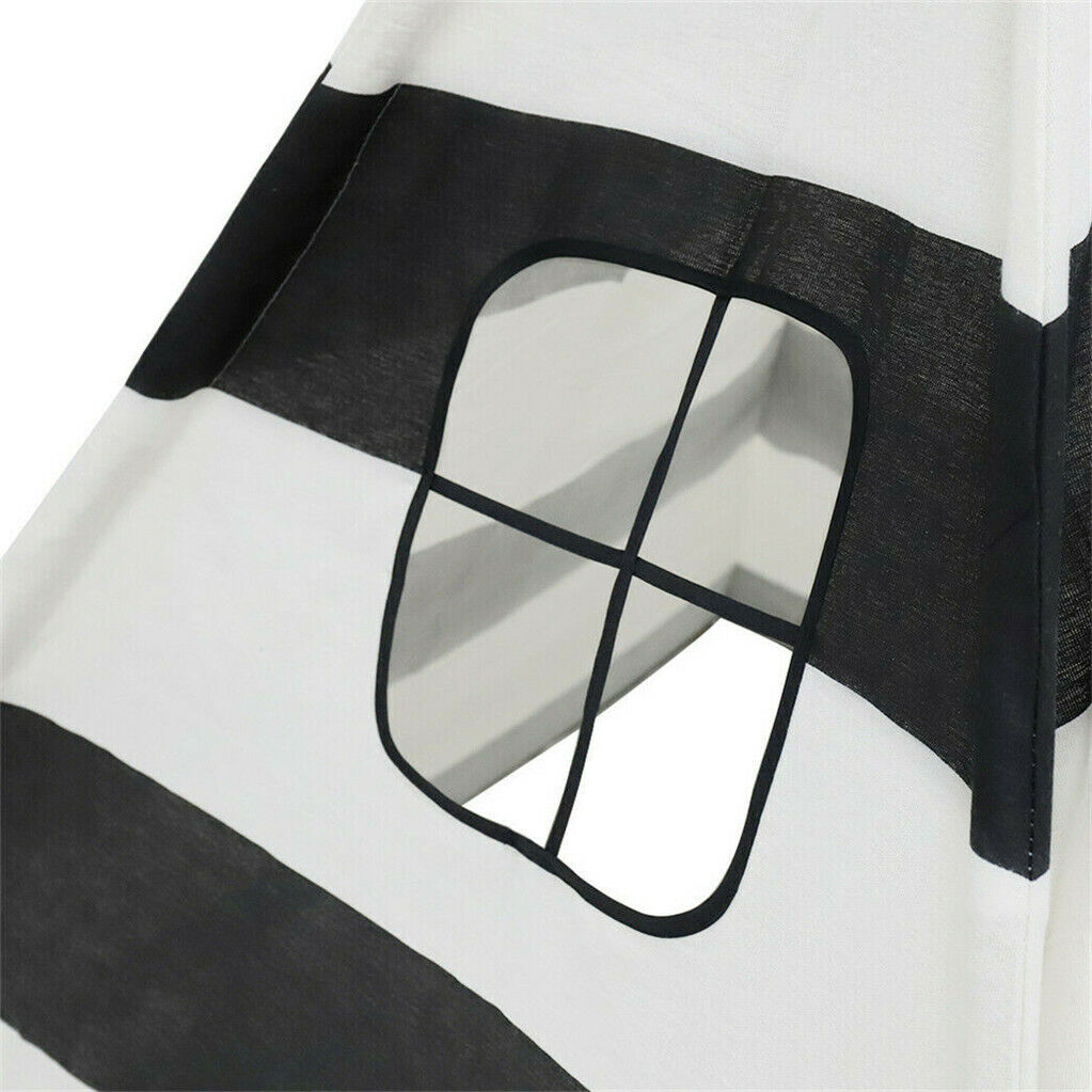 Kids Teepee Tent Linen Wood Black White Stripe Playhouse Indoor Garden V178-66795