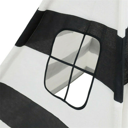 Kids Teepee Tent Linen Wood Black White Stripe Playhouse Indoor Garden V178-66795