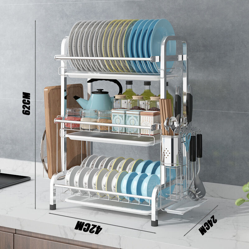 3 Tier Dish Drying Rack Silver 43cm High 60cm V178-66803