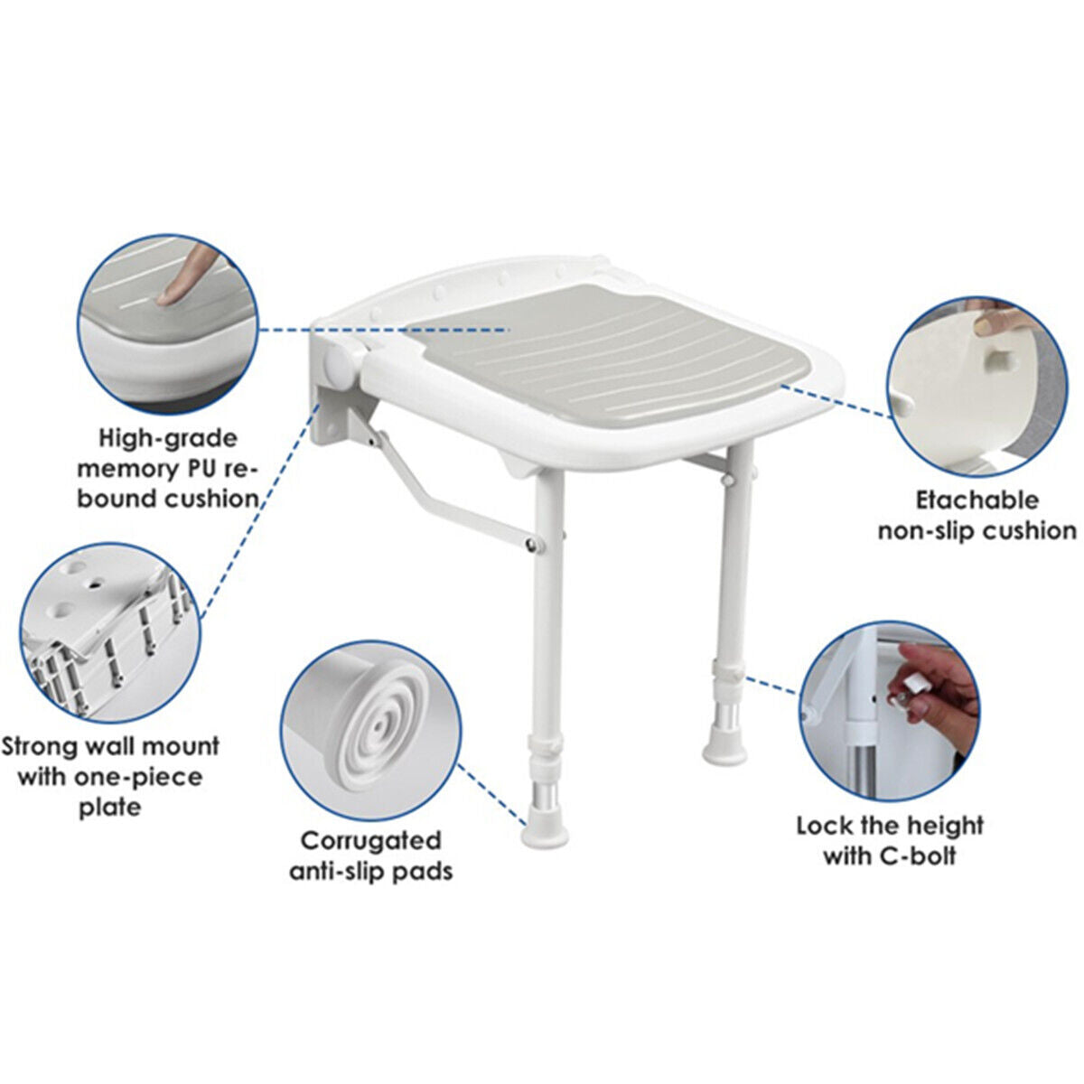 Wall-Mount Foldable Shower Chair, Adjustable, Non-Slip Feet V178-66807