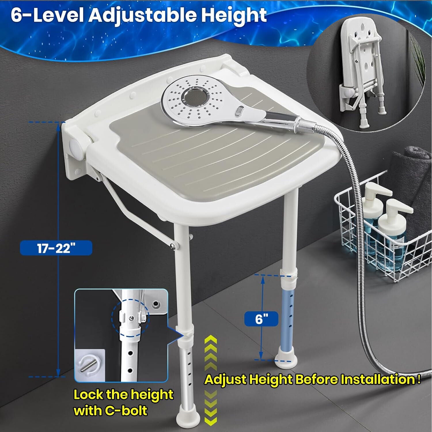 Wall-Mount Foldable Shower Chair, Adjustable, Non-Slip Feet V178-66807